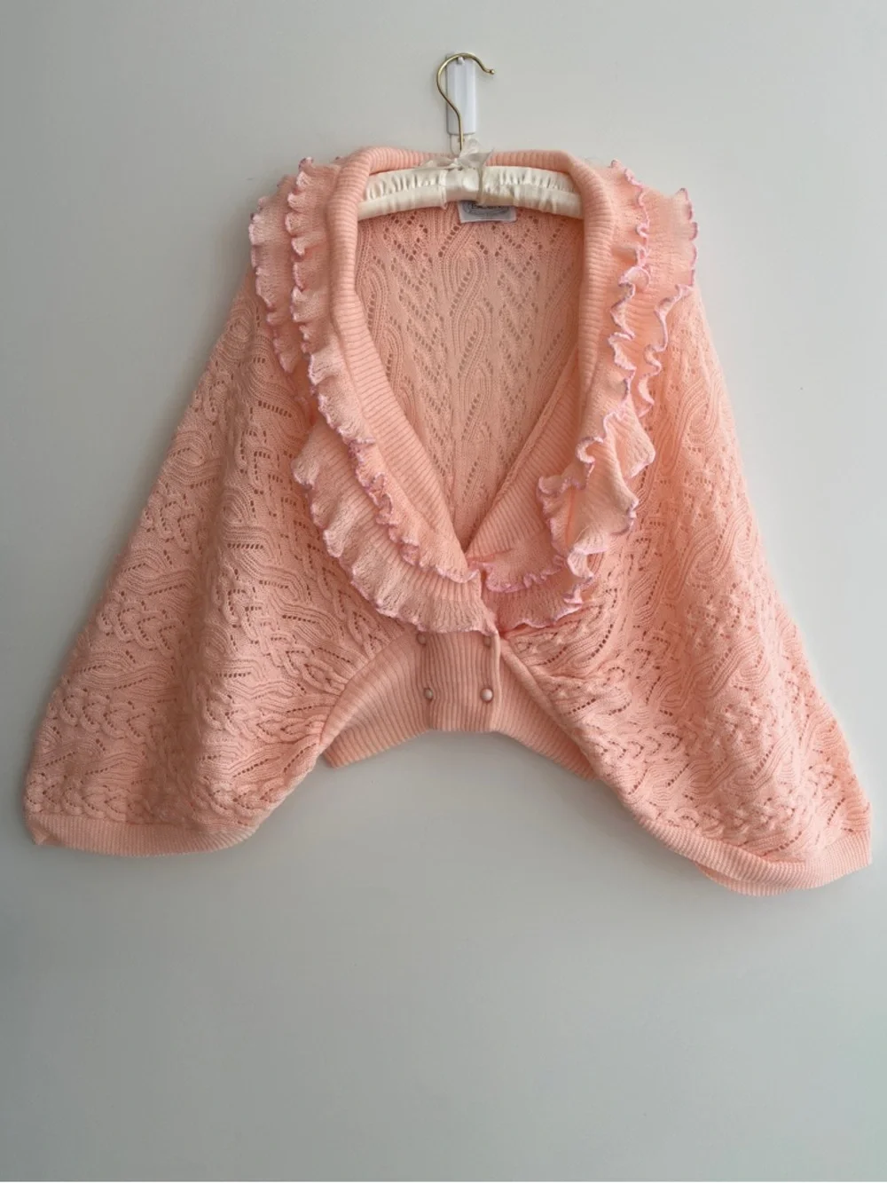 VINTAGE Eaton Batwing Lacy Cable Knit Cardigan Ruffles Feminine Romantic 70's - Picture 9 of 17